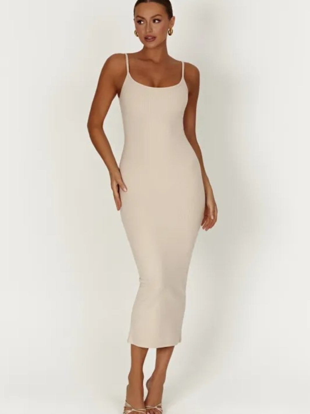 Meshki Basics Alexis Ribbed Cream Scoop Neck Spaghetti Strap Midi Dress. White